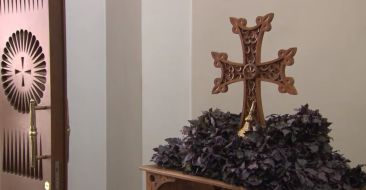 Rotation of Cross Decorated with Basil and Sprinkled with Rose Water in Holy Cross Church in Arabkir